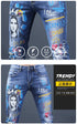Slim Fit Korean Streetwear Graphical Printed Luxury Hip-Hop Stretch Denim Jeans for Men - Perfect Medium Wash Jeans Outfit